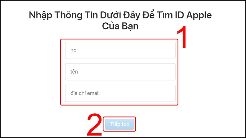 Nhập thông tin để tìm lại Apple ID